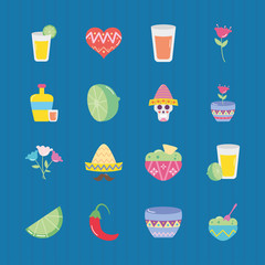 icon set of lemon slice and mexican culture, flat style