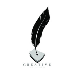 feather pen logo silhouette with 3 sheets of paper vector design template