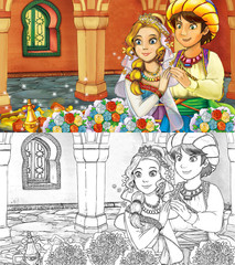 cartoon sketch scene with medieval arabic room with treasures