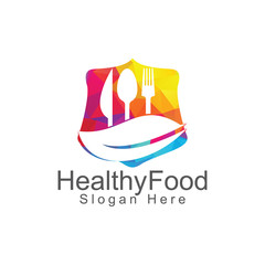 Healthy food shield logo  template. Organic food logo with spoon, fork, knife and leaf symbol.