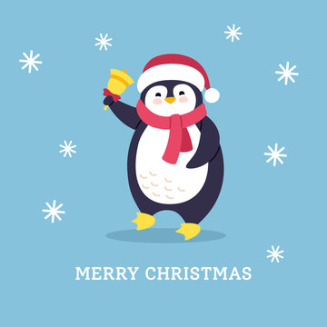 Penguin with bell, snow. Winter holidays postcard cartoon flat greeting Merry Christmas. Funny happy New year animal character. Cute card hand drawn penguin banner. Isolated vector illustration
