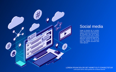 Social media, network, global communications, live chat flat isometric vector concept illustration