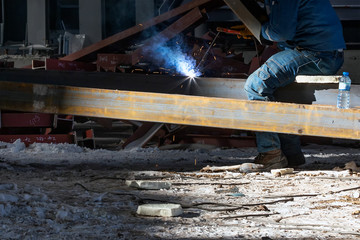 The welder is welding with shielded metal arc welding (SMAW) process to structure steels in the...