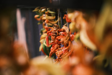 Dried red pepper on a hanger strung on a rope. Red dry hot pepper.