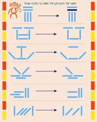  logic game for children. draw the sticks to make the pictures the same