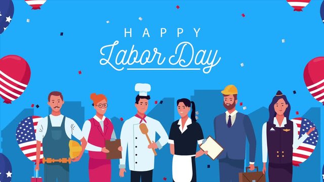 happy labor day celebration with workers and balloons helium usa flag