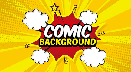 Pop art comic background with cloud and star. Cartoon Vector Illustration on yellow