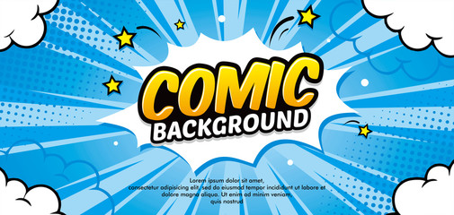 Obraz premium Pop art comic background with cloud and star. Cartoon Vector Illustration on blue