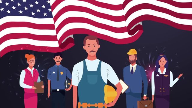happy labor day celebration with workers in usa flag