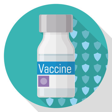 Button with Vaccine Vial and Shields Shadow Promoting Vaccination Campaign, Vector Illustration