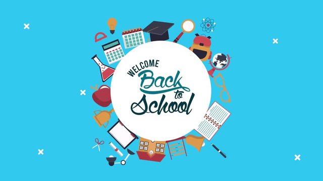 back to school animation with lettering and set items