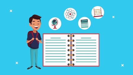 back to school animation with schoolboy and notebook - Powered by Adobe