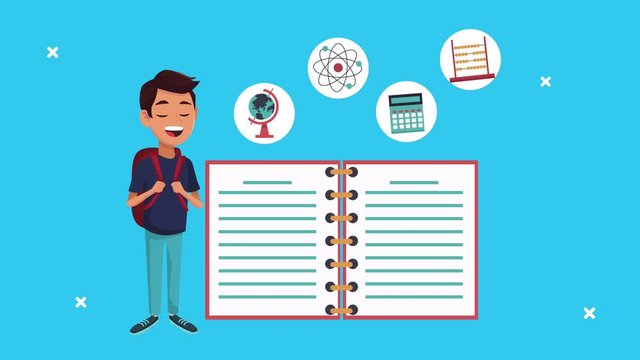 back to school animation with schoolboy and notebook