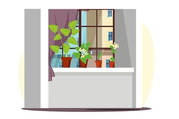 Home inerior design of window with plants. Inside modern cozy flat, retro decor. Calm peaceful house apartment background, wallpaper, city illustration vector