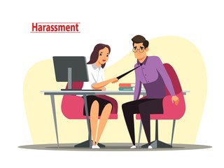 Sexual harassment and abuse at office illustration. Woman harassing male business worker at workplace, man afraid of unwanted touch. Businesswoman bullying colleague vector