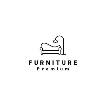Furniture logo template with chair sofa and lamp line art vector illustration