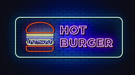 Hot burger neon signs vector. Design template neon sign