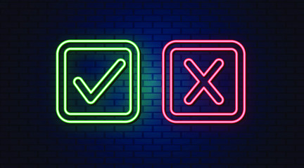 Check and mark neon signs vector. Design template neon sign