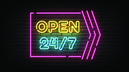 Open 24 / 7 neon sign, neon style