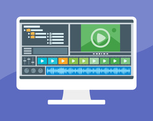 Video Editing Screen Display User Interface in Desktop PC or Computer. Creative Multimedia Production Concept & Element Illustration Vector. Can be Used for Digital and Print Infographic. 