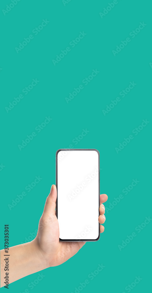 Poster mockup hand holding mobile blank screen on green background.mockup banner display of content to adve