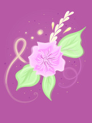 Hand drawn painted flowers, leaves and branch isolated on violet background. Illustration for design, print or background