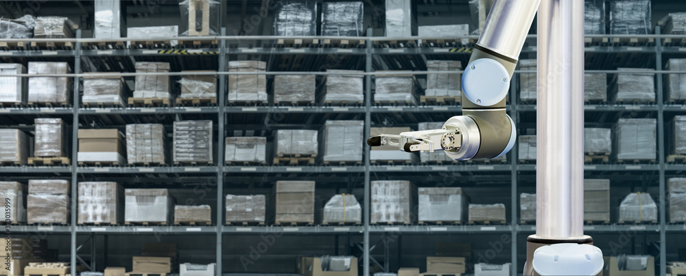 Poster Robot arm works in an automatic warehouse