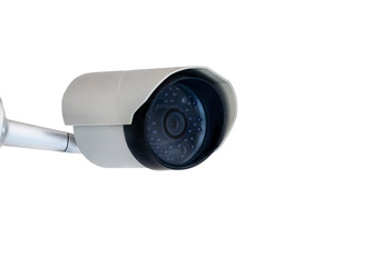 Modern public CCTV camera on wall isolated on white background. Intelligent reccording cameras for monitoring all day and night. Concept of surveillance and monitoring with clipping path copy space.