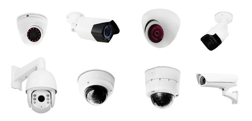 Set of modern public CCTV camera on wall isolated on white background. Intelligent reccording...