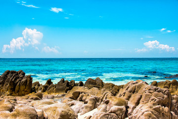 Beautiful tropical landscape, Island in the Gulf of Thailand. Turquoise water, white sand and blue sky, Tourism destination place Asia, Summer holiday vacation trip.