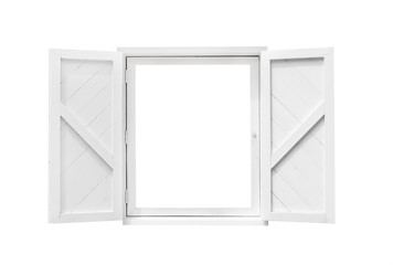 Vintage opened white shutters and wooden windows isolated on white background with clipping path.