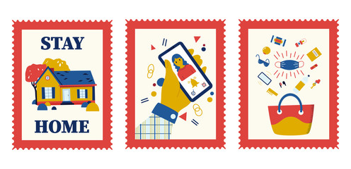 Naklejka premium Set of postage stamps theme coronavirus. The concept of social security during a pandemic. Vector flat design illustration.