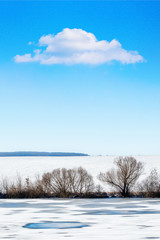 Winter landscape with river, tree and white cloud in blue sky