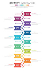 Timeline for 1 year, 12 months, infographics all month planner design and Presentation business can be used for Business concept with 12 options, steps or processes. 