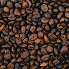 Coffee grains. Background of roasted coffee beans brown. layout.