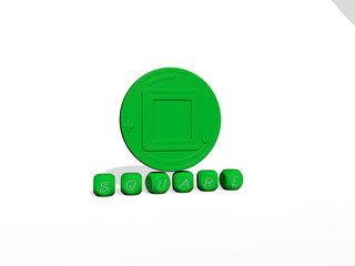 SQUARE cubic letters with 3D icon on the top, 3D illustration