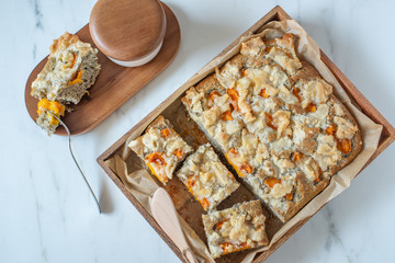 home made poppy seed pie with apricot and crumble