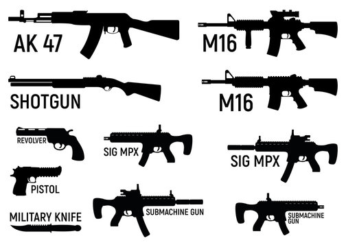 Set Of Silhouette Weapon Military Rifle, Revolver And Pistol, Shotgun Carbine, Knife And Submachine Gun Black Simple Icon Vector Illustration, Isolated Of White.