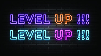 Level up neon signs vector. Design template neon sign