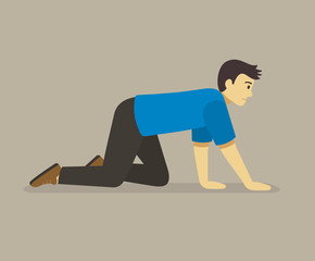 Crawling young man. Isolated male character. Side view. Flat vector illustration template.