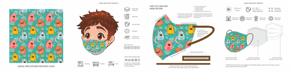 Kids, Comic, Cartoon, Back to School, Cute Background Patterns & Prints, Seamless Design for Face Mask, Fashion, Clothing, Fabric, Mockup Template Protective Face Mask Seamless Vector, Abstract 