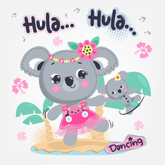 Cute cartoon koala girl hula dancing on a tropical island on gray background illustration vector. © singtamuang