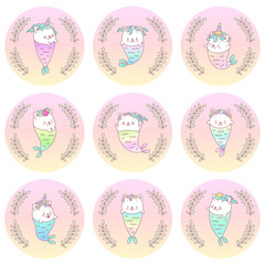 Cute cupcake toppers. Illustrations of little kittens with rainbow mermaid tails on background of pastel gradient circles. Vector 10 EPS.