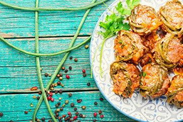 Meat meatballs and asparagus beans