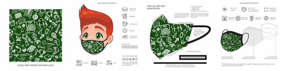 Kids, Comic, Cartoon, Back to School, Cute Background Patterns & Prints, Seamless Design for Face Mask, Fashion, Clothing, Fabric, Mockup Template Protective Face Mask Seamless Vector, Abstract 
