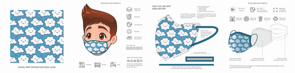 Kids, Comic, Cartoon, Back to School, Cute Background Patterns & Prints, Seamless Design for Face Mask, Fashion, Clothing, Fabric, Mockup Template Protective Face Mask Seamless Vector, Abstract 