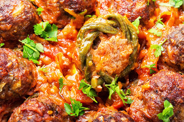 Meat meatballs and asparagus beans