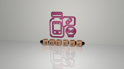 BOTTLE text of cubic dice letters on the floor and 3D icon on the wall, 3D illustration