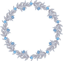 wreath with blue peonies flowers with gray leaves , vector illustration