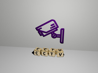 CCTV 3D icon on the wall and cubic letters on the floor, 3D illustration